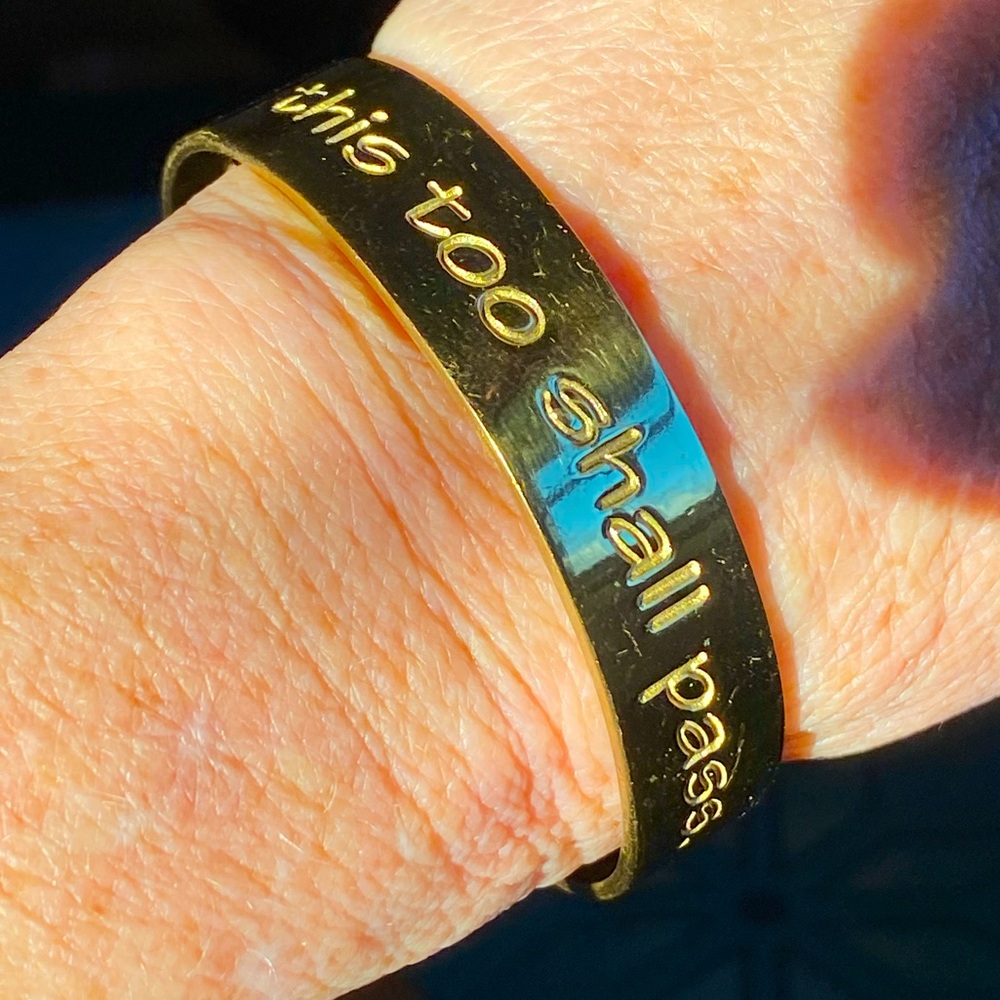 SALE 3/$30 VTG RUSTIC CUFF brass engraved cuff bracelet,”This too Shall Pass”